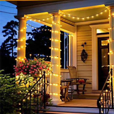 Guirlande exterieur solaire enroulée autour des pylônes de l'entrée d'une maison