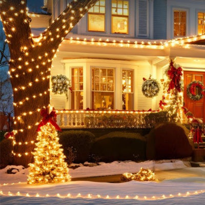 Guirlande exterieur solaire enroulé autour de l'arbre, maison en arrière-plan décorée de la guirlande