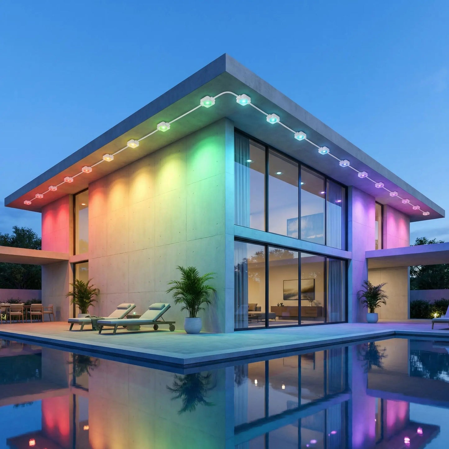 Guirlande lumineuse extérieur LED multicolore autour maison moderne avec piscine ambiance décorative