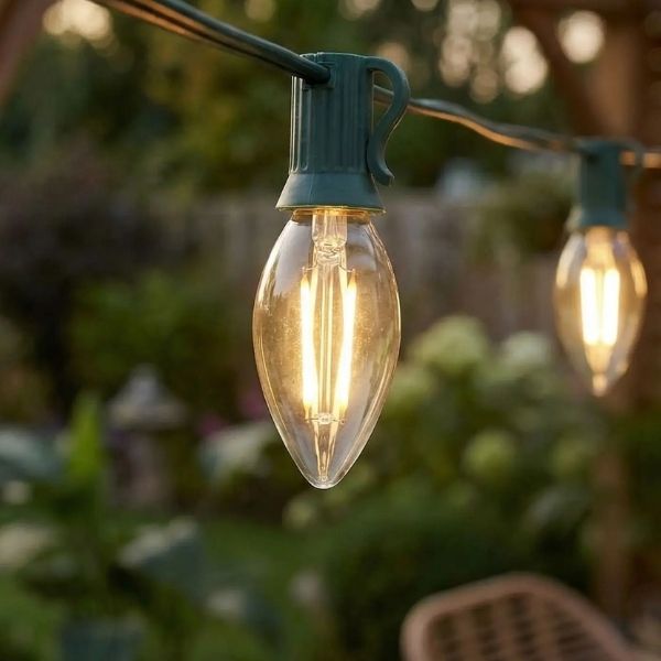 Guirlande lumineuse extérieur ampoule C7 LED blanc chaud en verre installée dans jardin pour terrasse chaleureuse