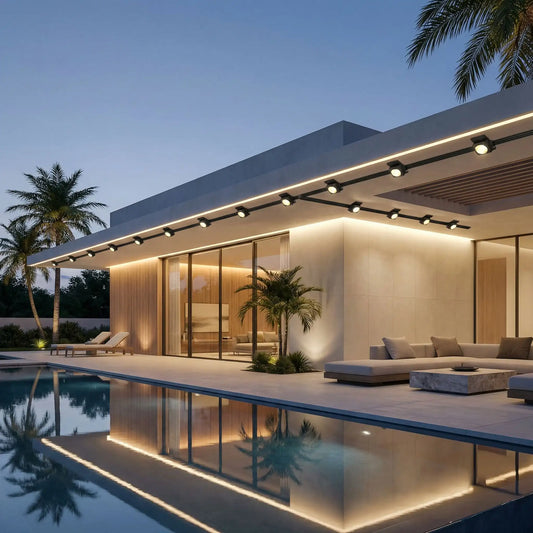 Guirlande lumineuse extérieur installée sous toit maison moderne avec éclairage LED blanc chaud autour piscine