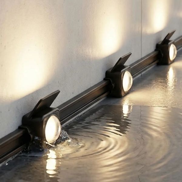 Guirlande lumineuse extérieur LED étanche installée le long d’un mur extérieur ambiance chaleureuse