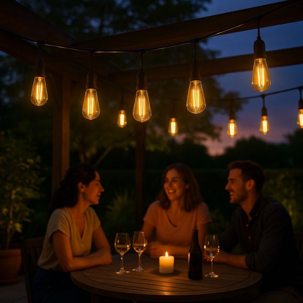 guirlande lumineuse extérieur blanc chaud au crépuscule sur pergola avec amis autour d'une table avec une bouteille de vin, 3 erres et une bougie