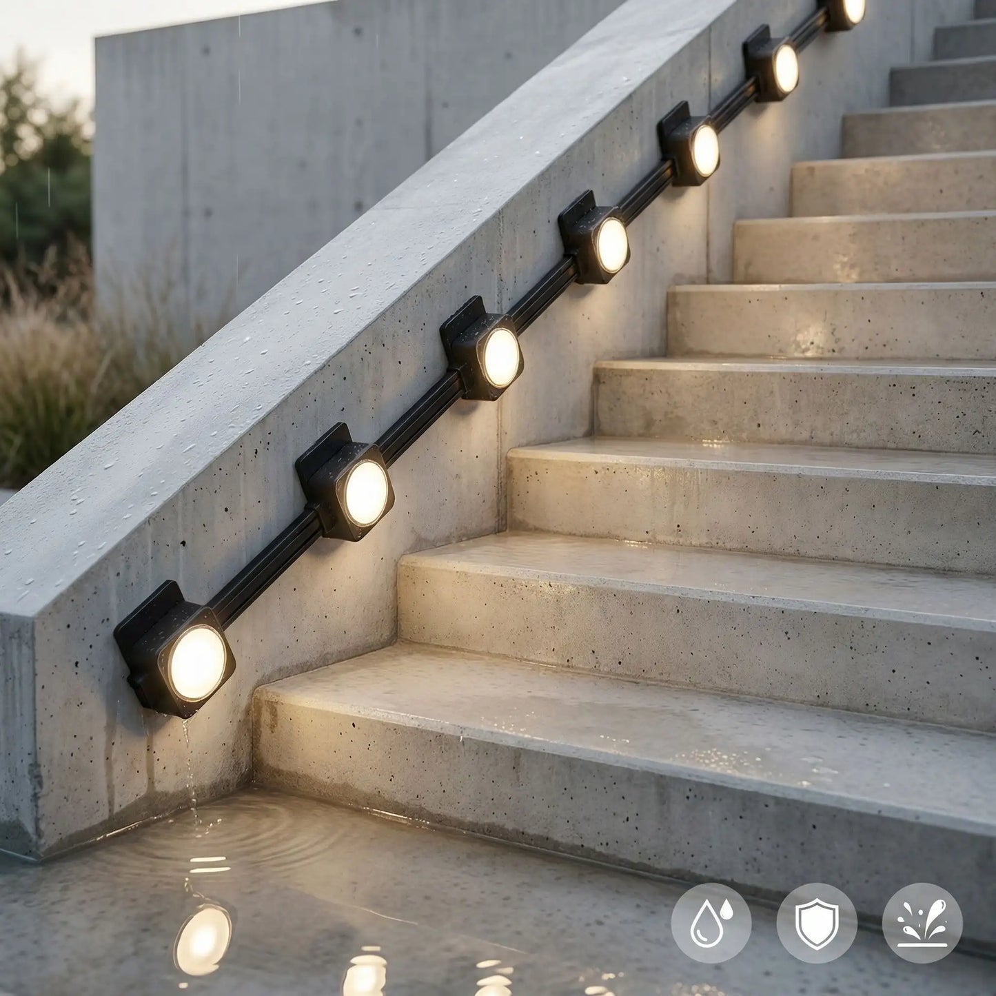 Guirlande lumineuse extérieur installée sur escalier extérieur éclairage LED blanc chaud moderne