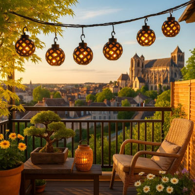 Guirlande solaire extérieur ajourée suspendue sur balcon fleuri avec vue sur cathédrale au coucher du soleil