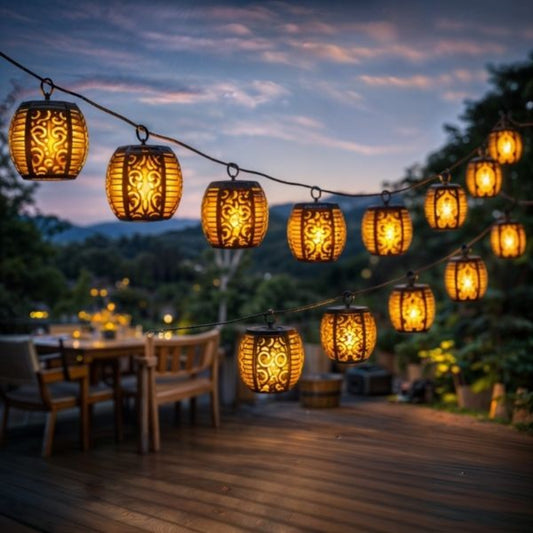 guirlande solaire suspendue qui éclaire une terrasse en pleine nature au crépuscule
