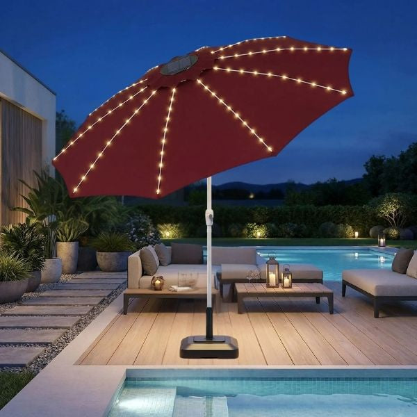Guirlande solaire parasol éclairage terrasse salon de jardin ambiance chaleureuse