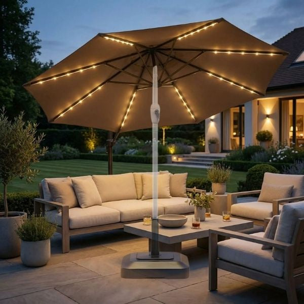 Guirlande solaire parasol éclairage blanc chaud terrasse piscine extérieur moderne