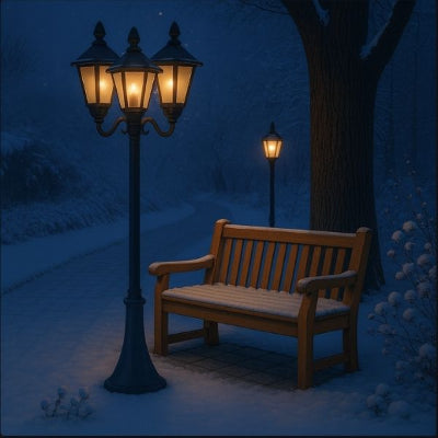 lampadaire solaire extérieur étanchéité IP44 dans jardin enneigé