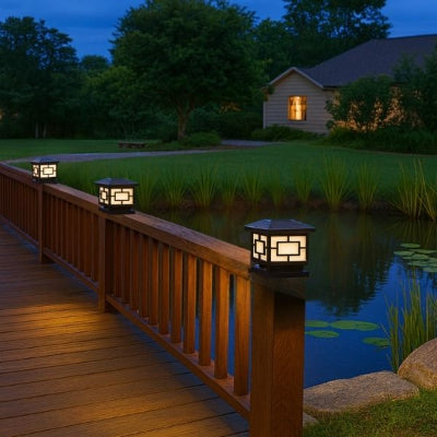 lampe exterieur solaire installée sur une terrasse en bois au crépuscule