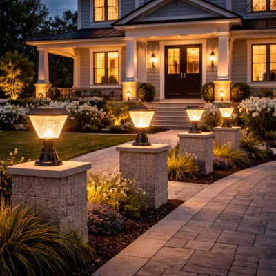 lampe exterieurs solaire sur paliers devant une jolie maison contemporaine éclairée