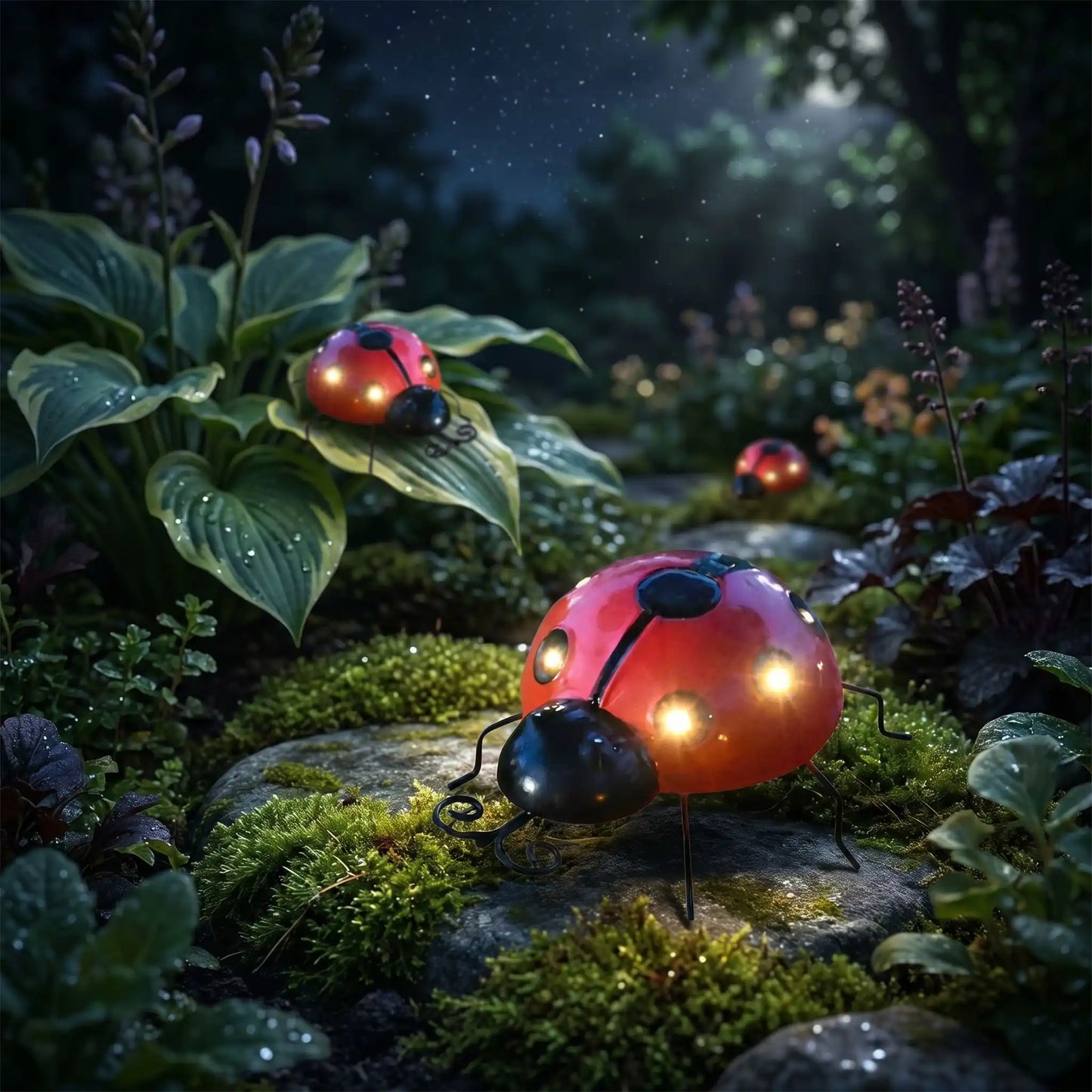 lampe solaire decorative jardin coccinelle au nombre de trois illuminées la nuit dans un jardin verdoyant, diffusant une lumière LED blanc chaud sur un chemin moussu