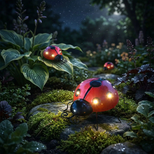 lampe solaire decorative jardin coccinelle au nombre de trois illuminées la nuit dans un jardin verdoyant, diffusant une lumière LED blanc chaud sur un chemin moussu