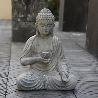 Bouddha lampe solaire extérieur avec lumière LED chaude créant une ambiance zen