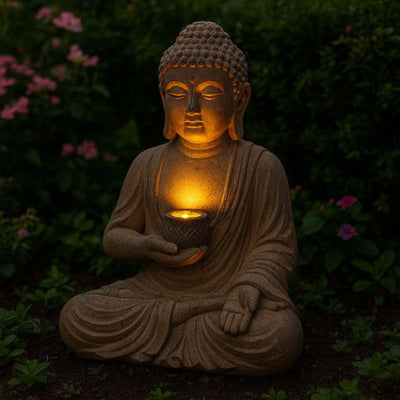 Lampe solaire extérieur Bouddha blanche décorative pour terrasse et jardin