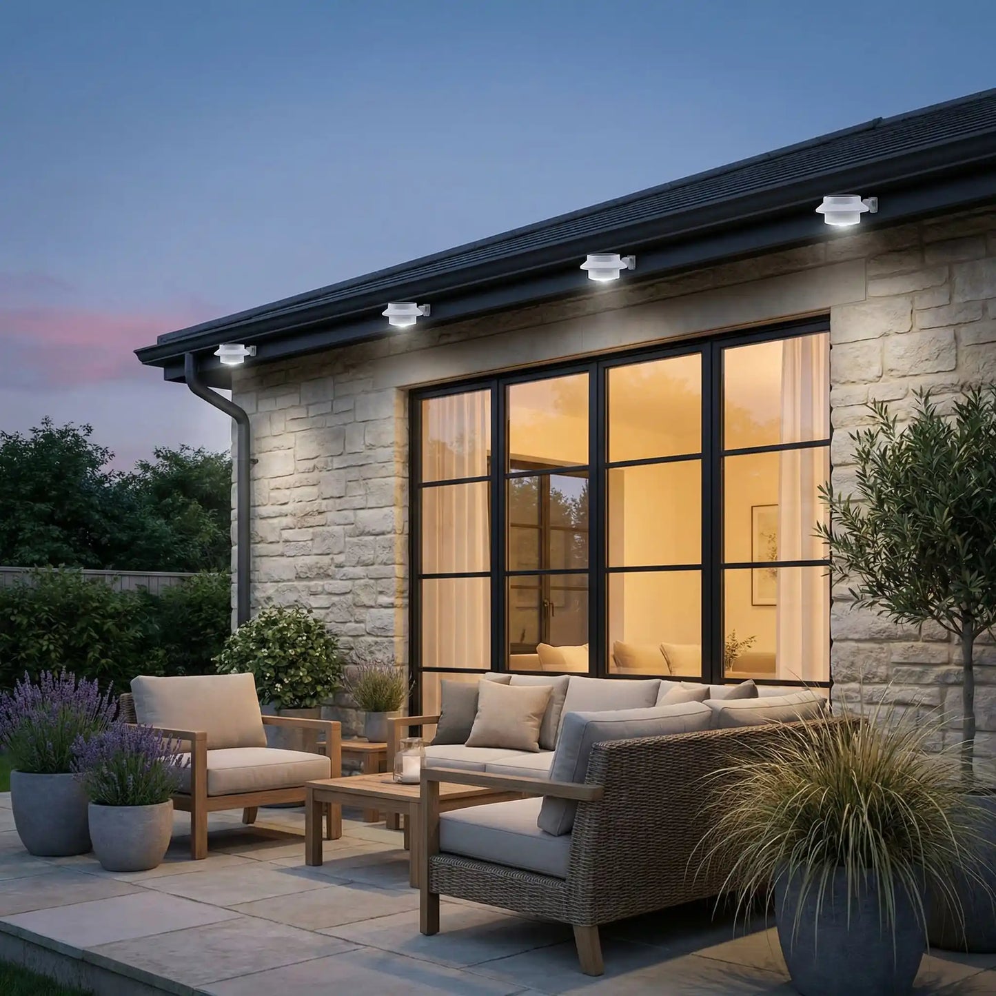 lampe solaire gouttiere installée sur maison en pierre de taille avec grande baie vitrée, salon de jardin et plantes dans pots