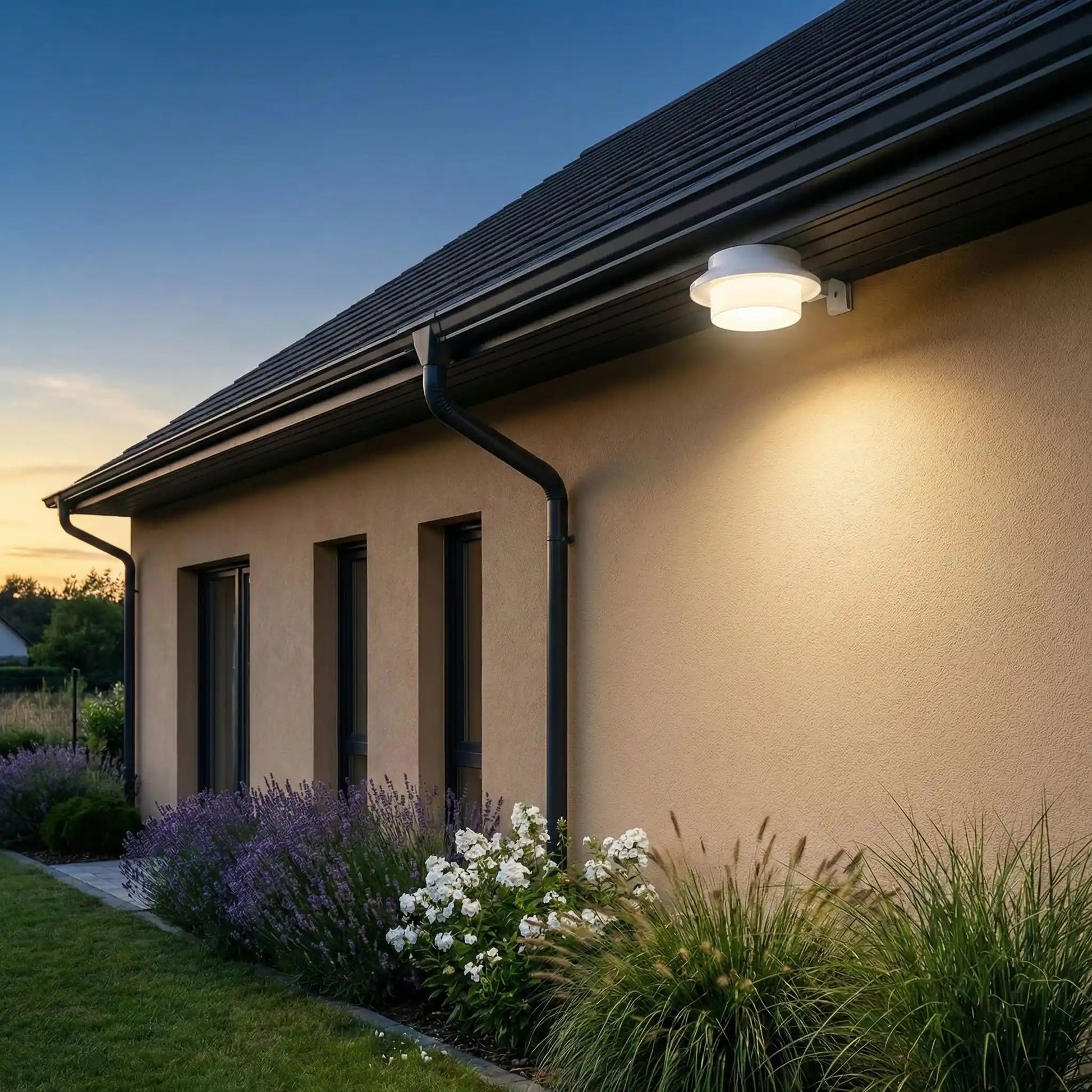 lampe solaire gouttiere sur gouttiere maison avec lavande et massif de plantes 