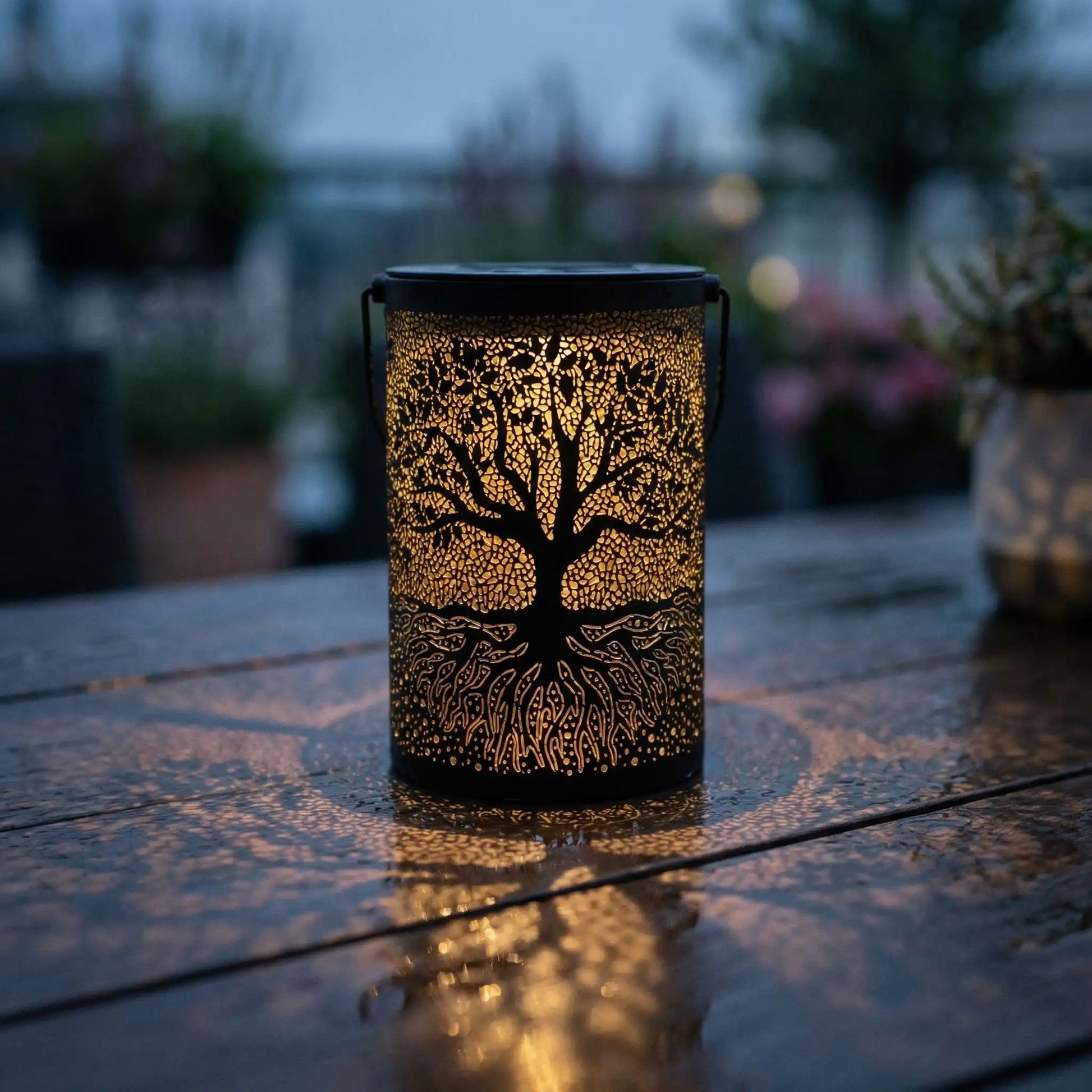 lampe solaire pour jardin sur table en bois avec quelques gouttes de pluie. Second plan du jardin flouté