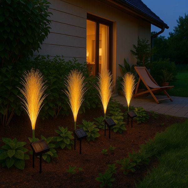 lampes jardins solaires alignées le long d'un massif à la tombée de la nuit