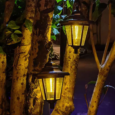 Lampes solaires pour le jardin suspendues diffusant une lumière chaude.