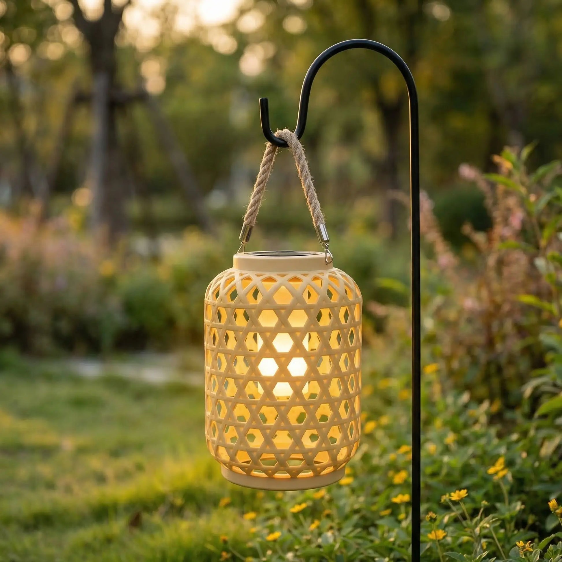 lanterne extérieur solaire suspendue à un crochet en plein jour dans un jardin verdoyant