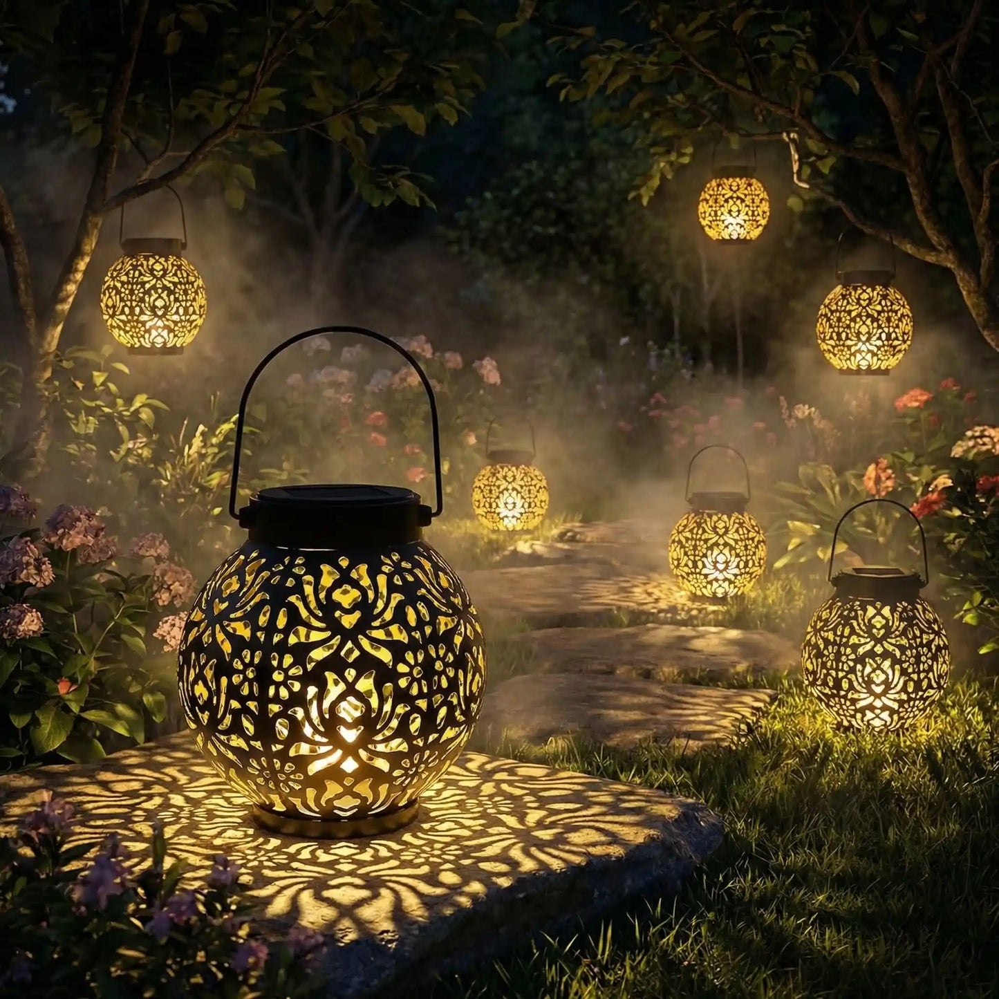lanterne exterieur solaire le soir dans jardin paysager avec brume 