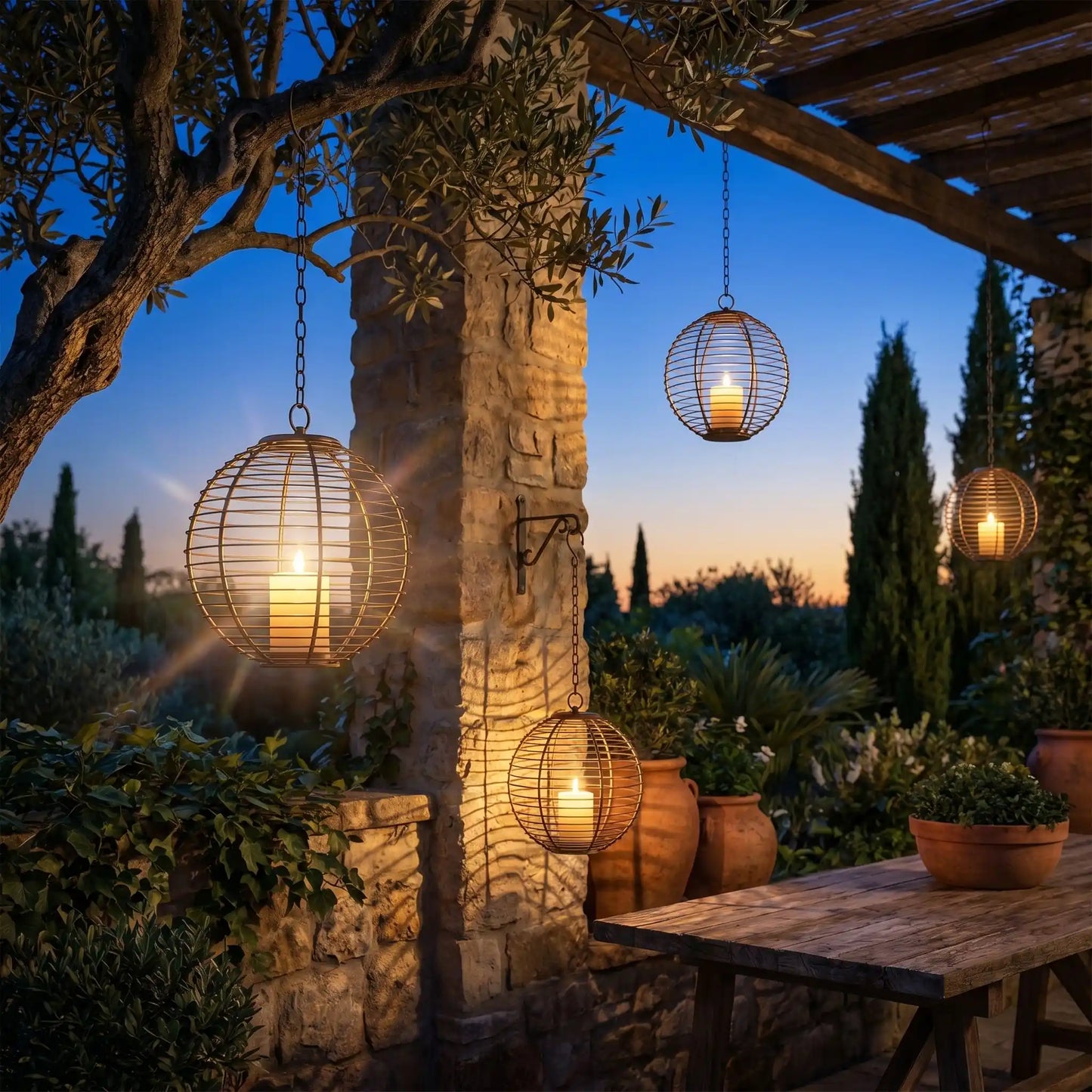 lanterne extérieure suspendue solaire bronze, lot de 4 en quinconce au crépuscule dans un jardin provençal
