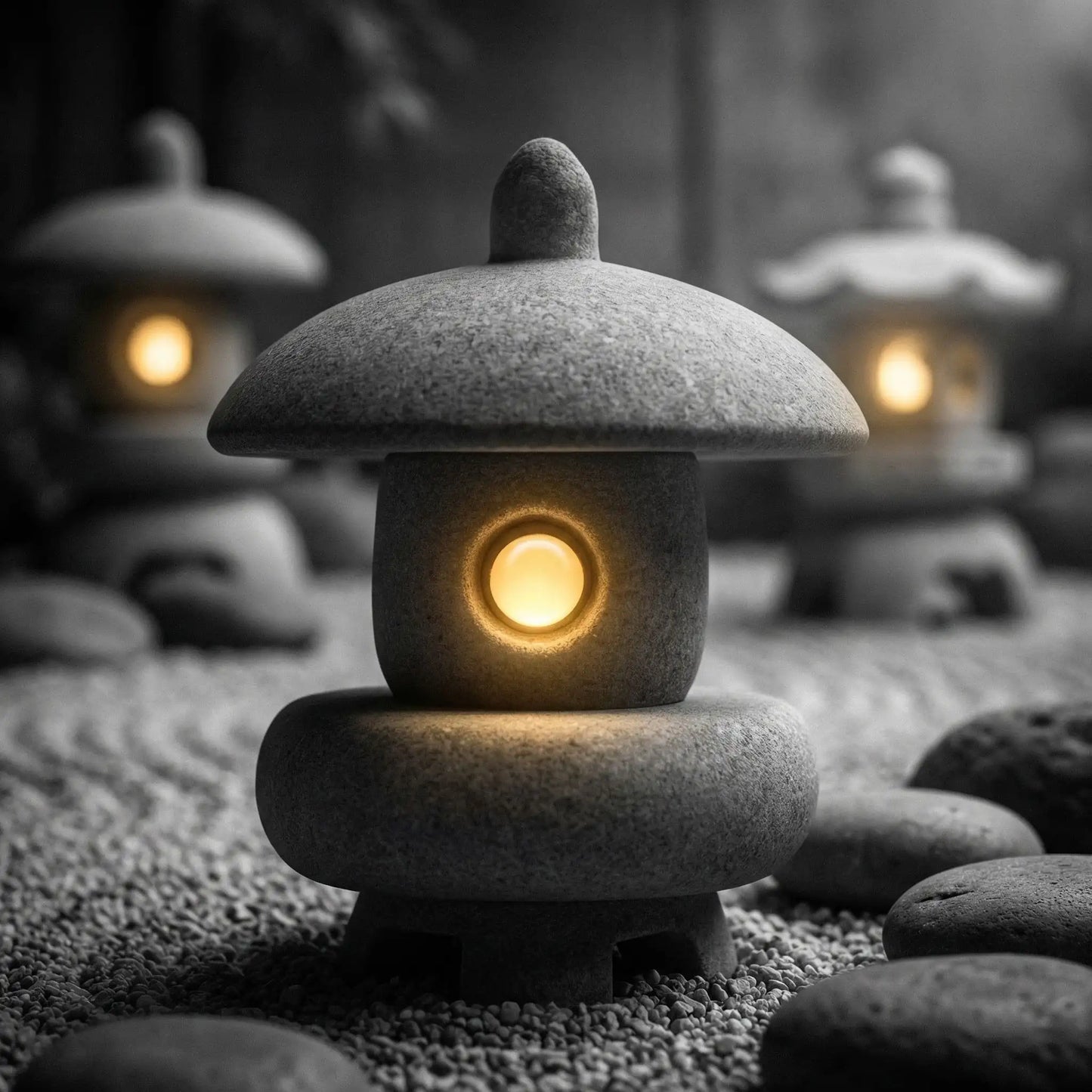 lanterne japonaise pour jardin dans espace zen avec galet et gravillons