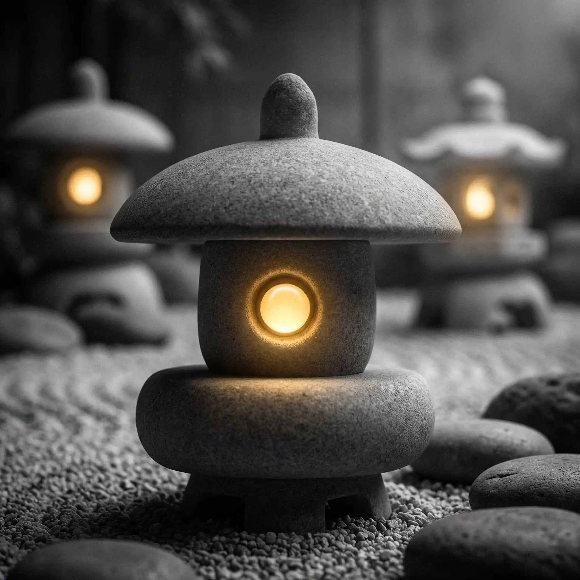 lanterne japonaise pour jardin dans espace zen avec galet et gravillons