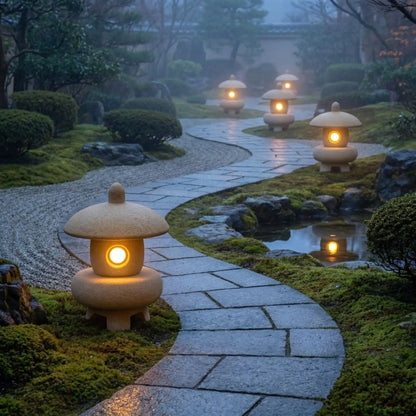 lanterne japonaise pour jardin lumière blanc chaud posée le long d'un chemin dans un jardin zen