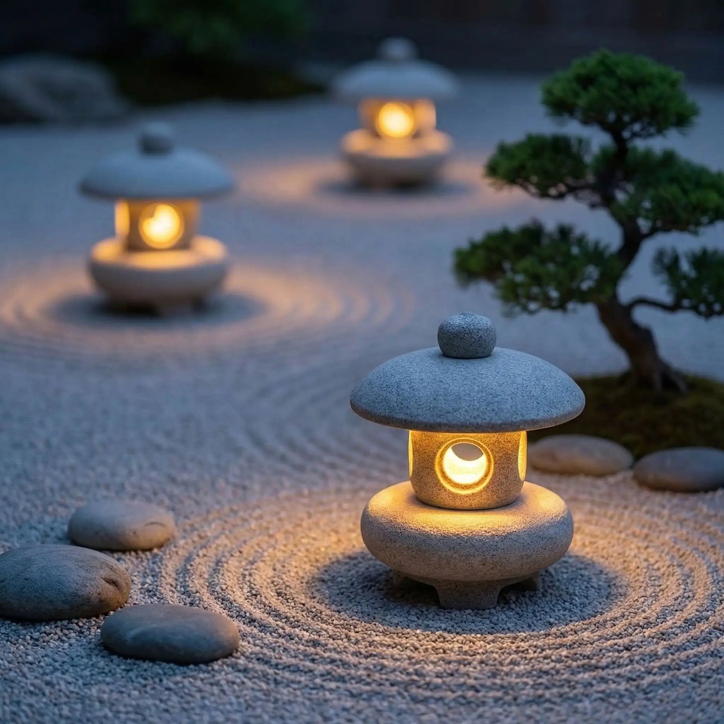 lanterne japonaise pour jardin dans jardin japonais zen avec sable strié, caillou et bonzai. Lumière allumée blanc chaud 