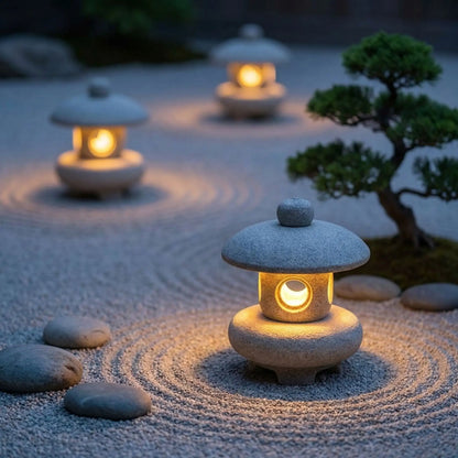 lanterne japonaise pour jardin dans jardin japonais zen avec sable strié, caillou et bonzai. Lumière allumée blanc chaud 