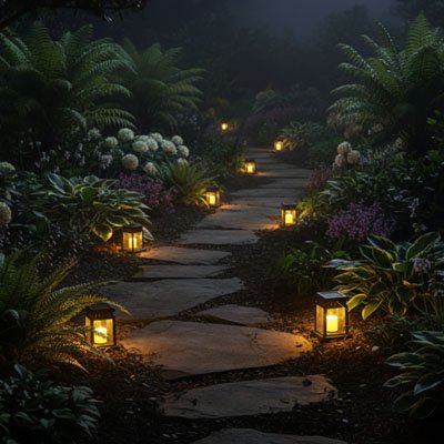 Lanterne solaire économie d'énergie illuminant allée dans jardin