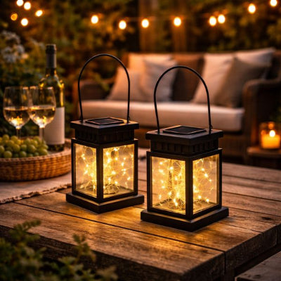 lanterne solaire posée sur une table basse avec salon de jardin et guirlande solaire en fond