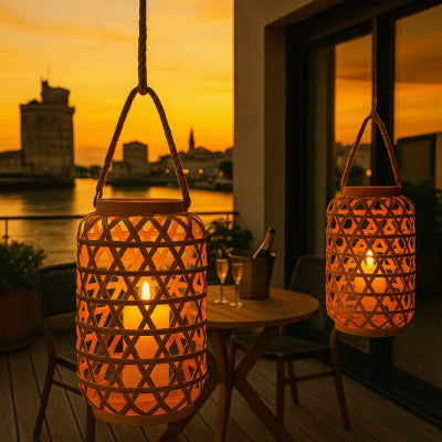 lanterne solaire exterieur suspendue style rotin sur balcon donnant sur un port et coucher de soleil