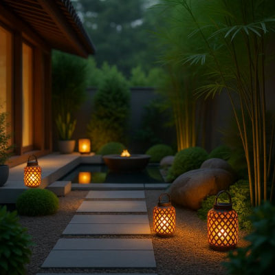 lanterne solaire extérieur illuminant allée et terrasse d'une maison avec végération
