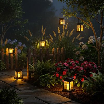 Lanterne solaire lumière blanc chaud recharge automatique le soir dans jardin majestueux