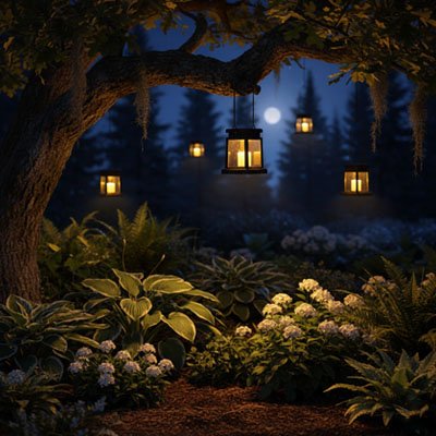 Lanterne solaire suspendue dans jardin à la tombée de la nuit