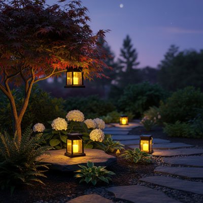 Lanterne solaire suspendue et posée dans jardin au crépuscule