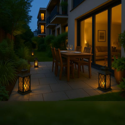 lanterne décorative éclairant terrasse de soirée, arrière-plan maison et végétation