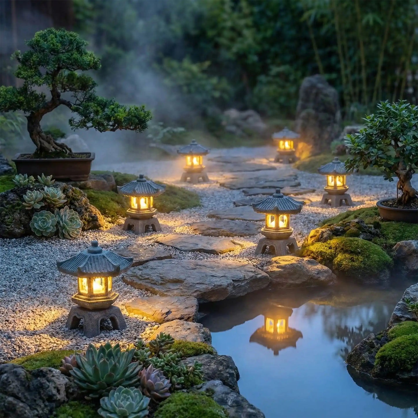lanternes de jardin éclairées blanc chaud placées dans un jardin japonais avec bonzais 