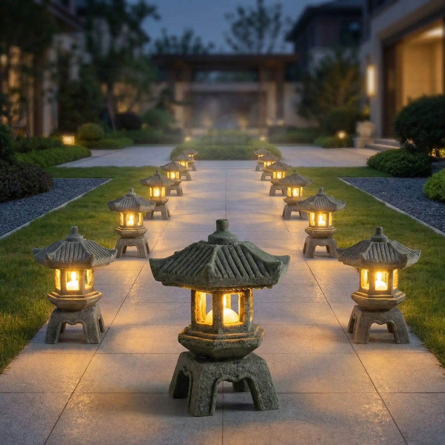 lanternes de jardin allumées tout au long d'un chemin d'une maison contemporaine
