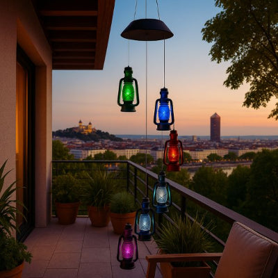 lanternes solaires suspendues à une terrasse ambiance lumineuse avec horizon urbain