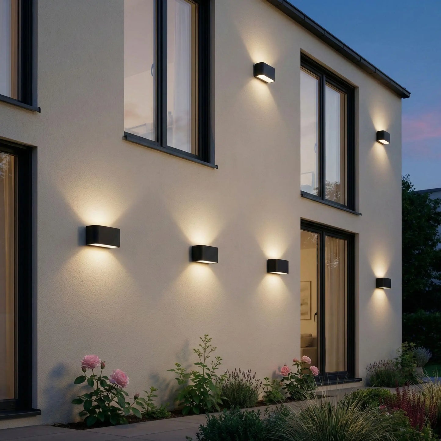 luminaire extérieur façade sur devanture maison contemporaine avec massifs fleuris