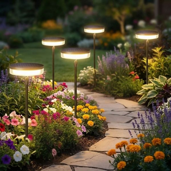Luminaires solaires exterieurs éclairant un chemin de jardin avec lumière blanc chaud décorative