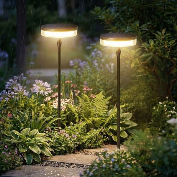 Luminaires solaires exterieurs installés dans un massif de fleurs avec éclairage blanc chaud extérieur