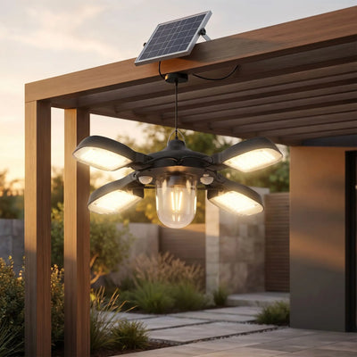 Luminaires suspension exterieur solaires avec panneau solaire déporté et éclairage LED 360° sous pergola extérieure