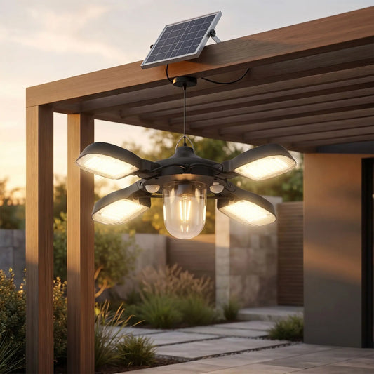 Luminaires suspension exterieur solaires avec panneau solaire déporté et éclairage LED 360° sous pergola extérieure