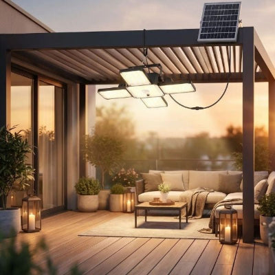 Suspension solaire extérieure LED ultra puissante sous pergola moderne avec panneau solaire et ambiance terrasse chaleureuse au coucher du soleil