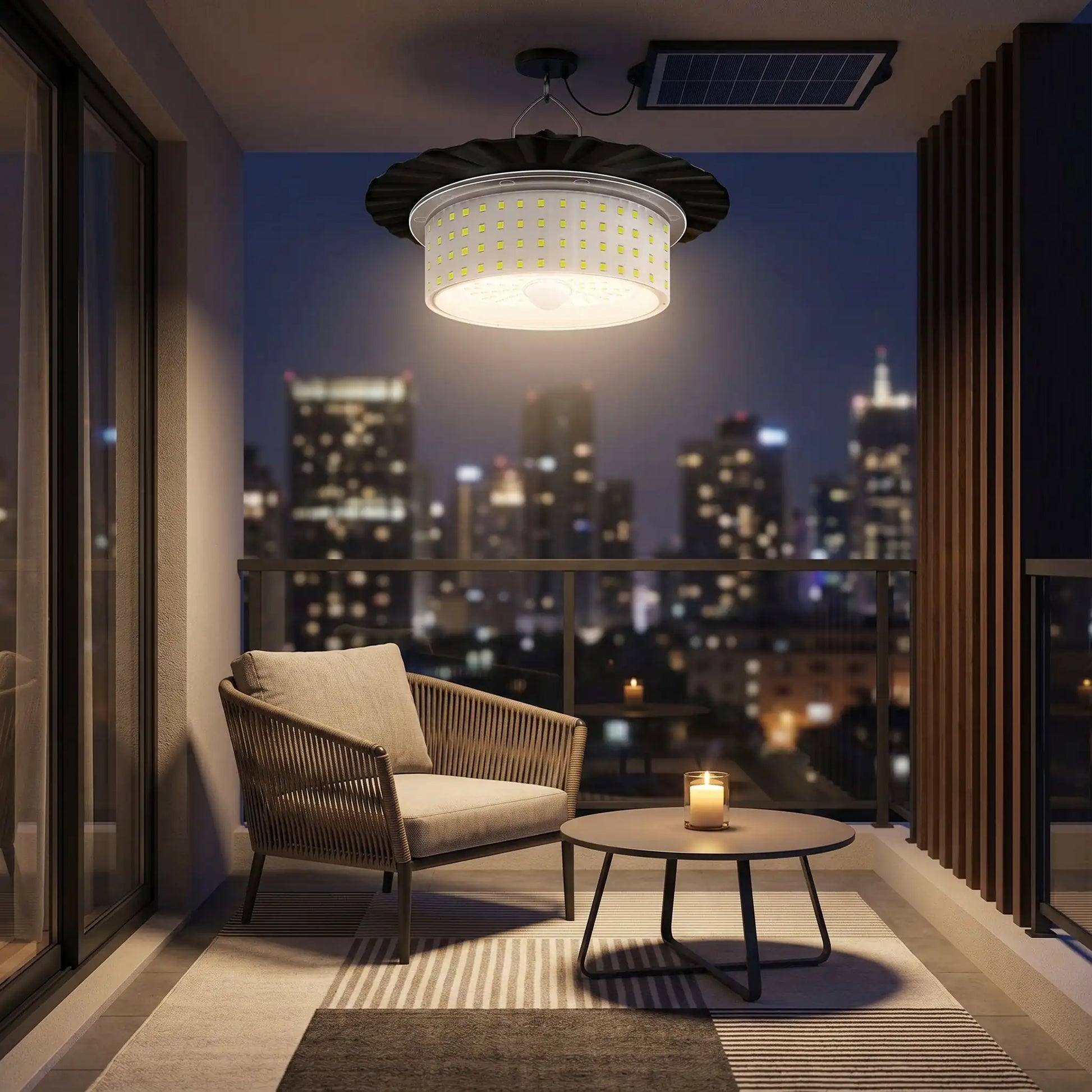 Luminaires suspension exterieur solaires LED pour balcon moderne avec éclairage automatique et panneau solaire intégré